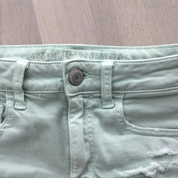 American Eagle Dusty Mint Pastel Mid / High Rise Distressed Stretchy Shorts - Picture 7 of 7